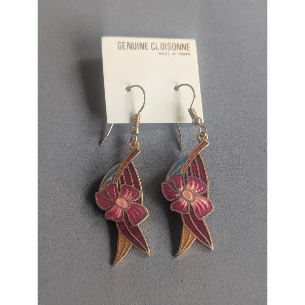 Vintage Taiwan Cloisonné Pink Burgundy Floral Dangle Earrings NOS